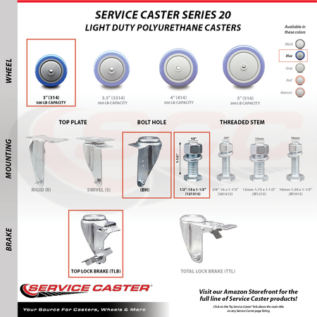 Service Caster 3 Inch SS Blue Polyurethane Swivel ½ Inch Threaded Stem Caster Brakes SCC, 2PK SSTS20S314-PPUB-BLUE-TLB-121315-2-S2